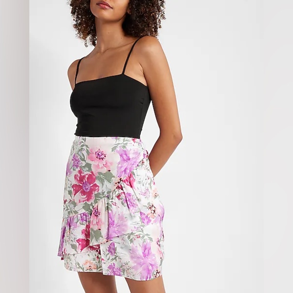 Express Floral Asymmetrical Mini Skirt